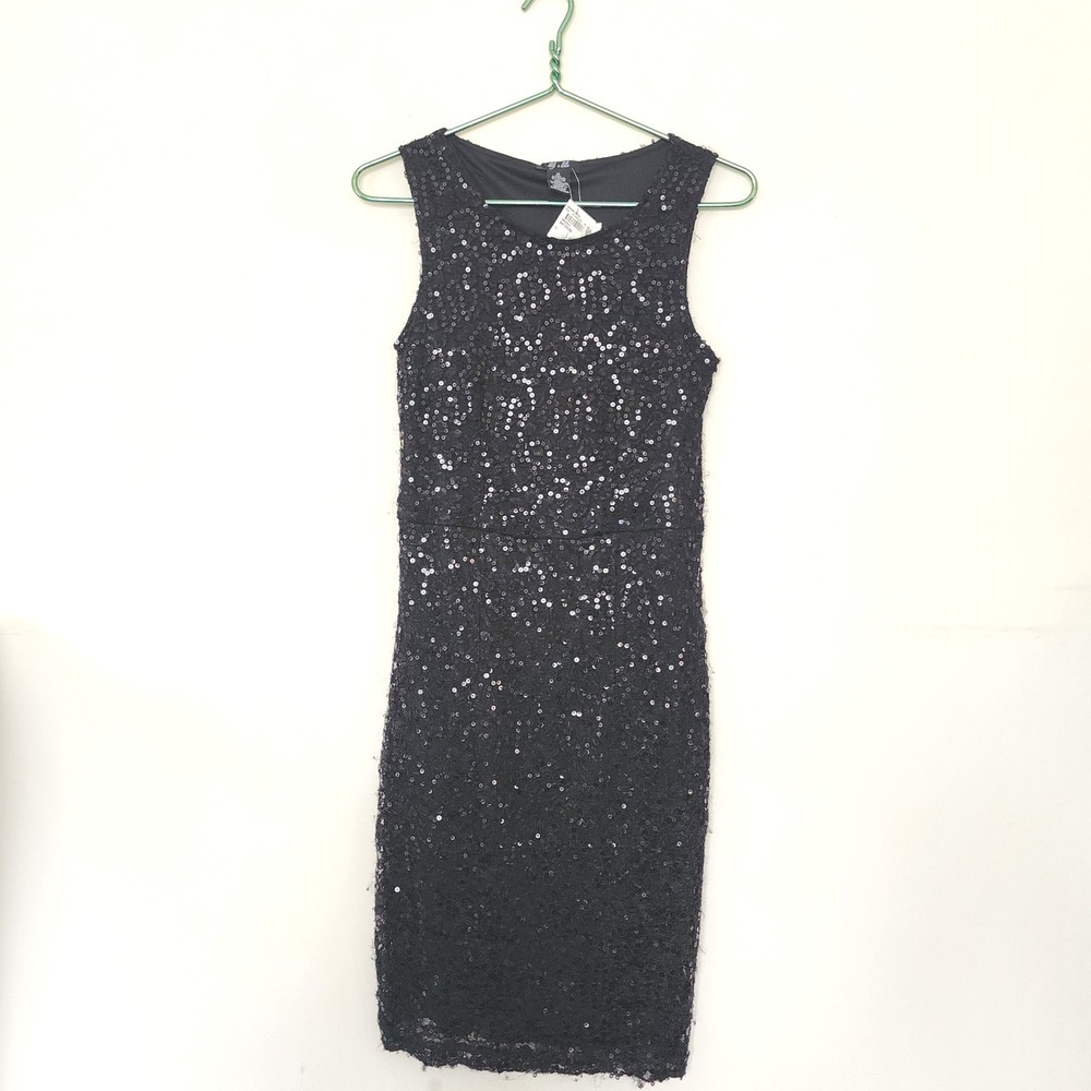 Lily & Lola Womens Black Sequin Lace Sheath Cocktail Dress Medium Party Holiday